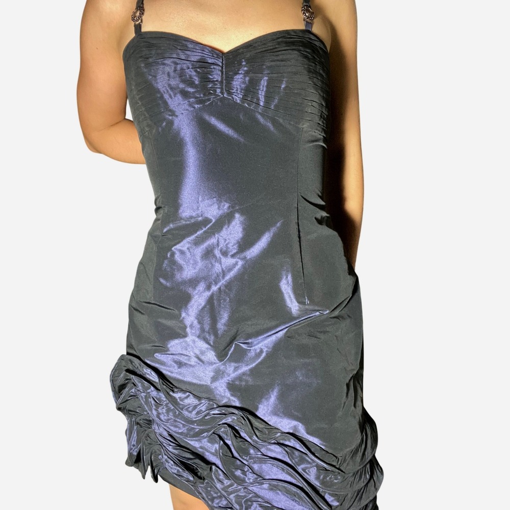 Laundry Shelli Segal Designer Navy Iridescent Textured Asymmetric Mini Dress -10